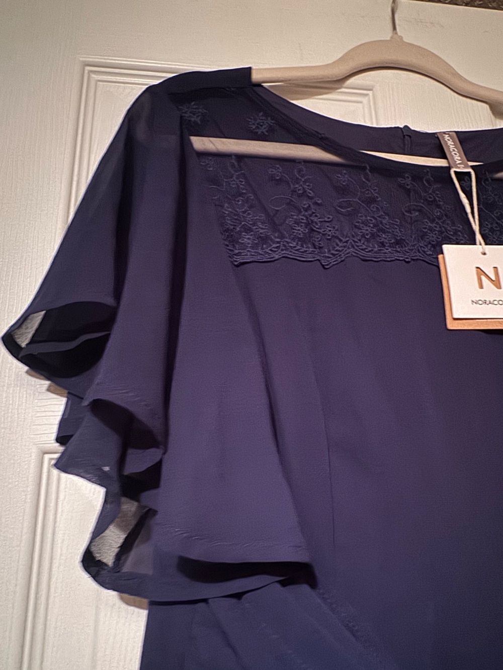 NWT Noracora Sz XL Navy Blue Midi Dress with Flutter Chiffon and Lace - Picture 3 of 12